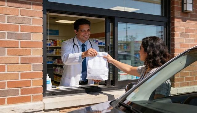 Pharmacist handing prescription bag through drive-through window to customer at car