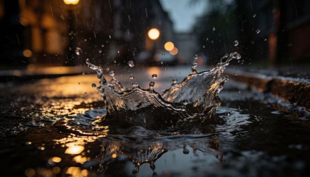 Crown-shaped water splash in urban puddle reflecting streetlamp bokeh at dusk, moody glow