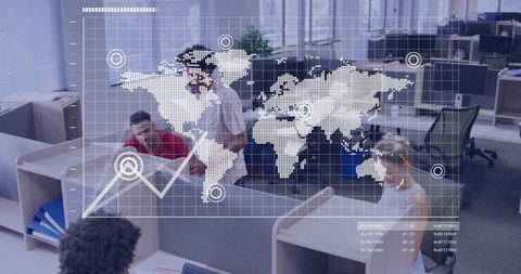 Team collaboration with data analytics overlay in modern workplace