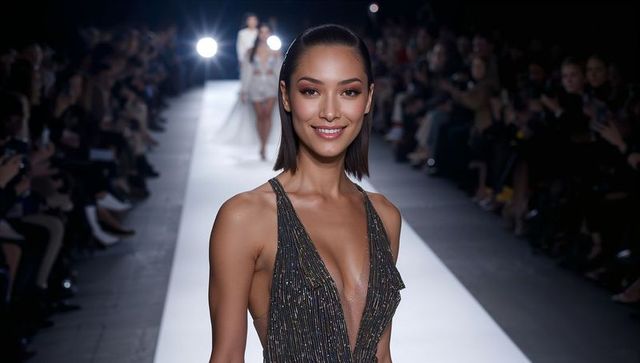 Fashion model in glamorous sparkly evening gown on runway stage