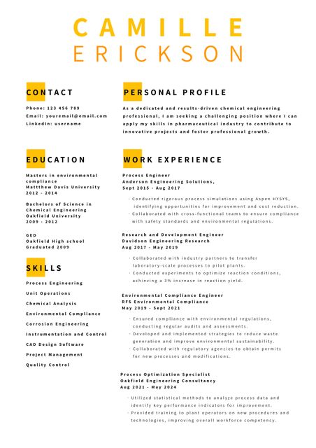 This professional and clean resume template is ideal for chemical engineers looking to highlight their skills and qualifications. The template features well-organized sections for contact details, personal profile, education, work experience, skills, and achievements. It is easy to adapt and customize for various job applications, making it perfect for career development. This modern and minimalist design ensures a neat presentation, facilitating recruiters to easily assess the candidate's credentials and suitability.