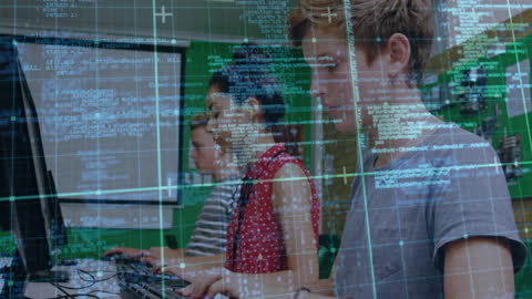 Students Engaging in Modern Technology with Data Interface