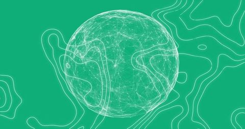 Floating wireframe sphere showing network nodes and organic contour lines