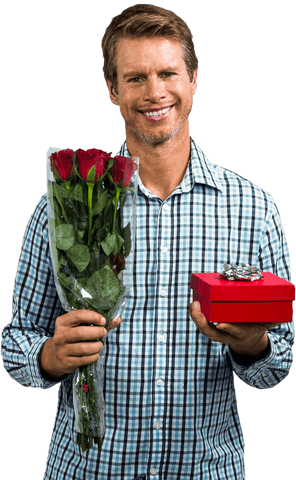 Transparent image of man holding roses and gift with smile