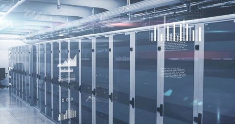 Futuristic glass server rack aisle with holographic data visualization and cooling