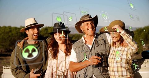 Family on safari adventure with virtual graphics, green technology