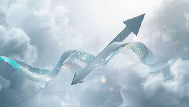 Futuristic data visualization with arrow waves and clouds