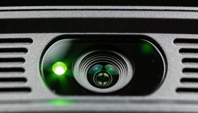 Macro closeup of laptop front-facing camera lens with glowing green led and textured bezel