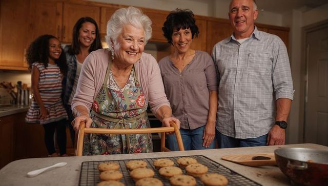 Multi-generational family baking cookies together in cozy kitchen