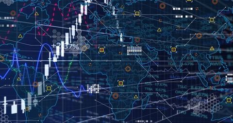 Animating candlestick chart over world map showing market momentum, financial data