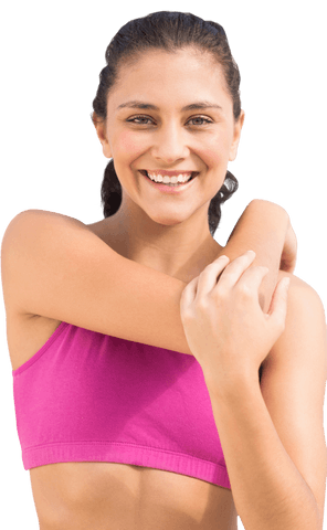 Energetic woman stretching arm while wearing pink athletic top against isolated background. Perfect for promoting sportswear, fitness apps, health tips, gym memberships, or motivational posters. Transparent background offers flexibility in various design projects.