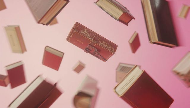 Floating red leather journal with brass lock over pink backdrop