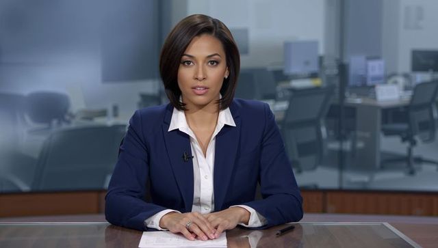 Female news anchor presenting evening broadcast in modern glass newsroom studio