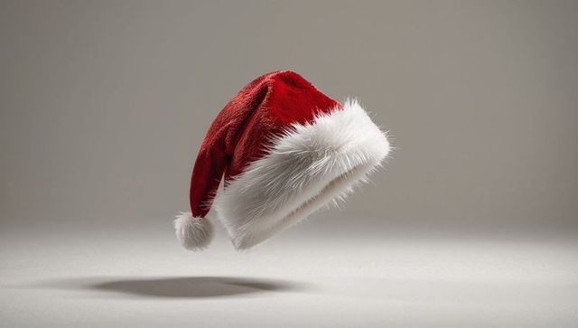 Levitating Santa Hat with Red Velvet and Plush White Fur on Neutral Grey Background