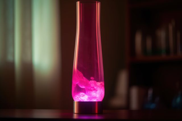 Purple lava lamp on table in dark room at night, created using generative ai technology. Retro, psychedelic, relaxation and interior decoration lamp concept digitally generated image.