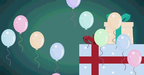 Colorful Balloons with Gift Boxes on Green Celebratory Background