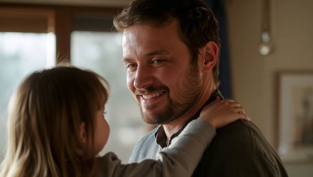 Father smiling and hugging daughter by window, warm daylight, tender parent bond