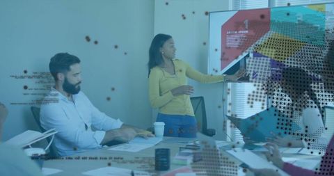 Professional Woman Leading Office Meeting Presentation with Slides