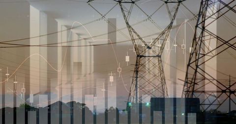 Transmission Tower with Financial Chart Overlays Representing Energy Market Trends