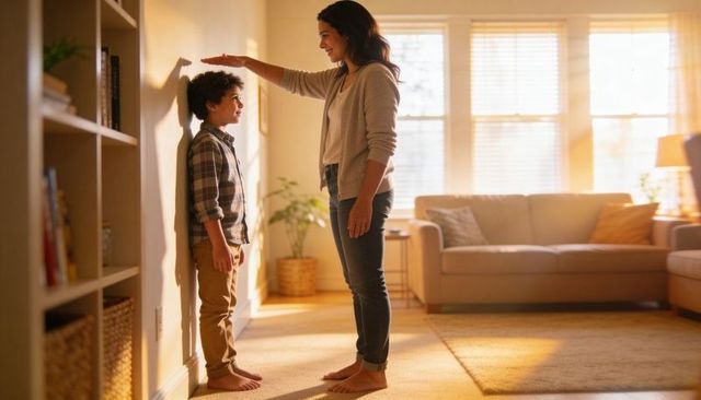 Mother measuring son's height in sunlit living room celebrating family growth