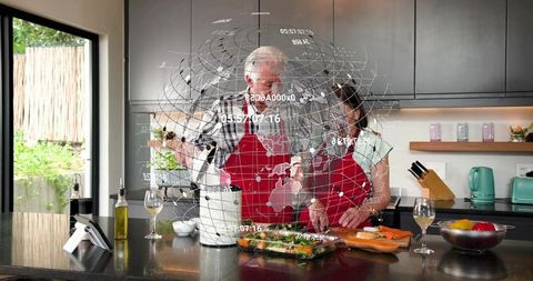 Senior couple preparing meal in modern kitchen with ar holographic world overlay