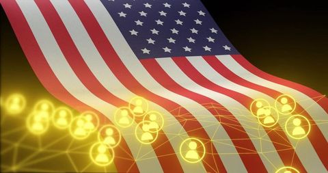 Waving united states flag with glowing golden network nodes representing connected america
