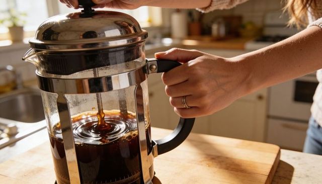 Hands pressing french press coffee on wooden board in sunlit kitchen morning ritual