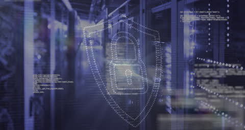 Digital Security Concept in Server Room with Holographic Padlock