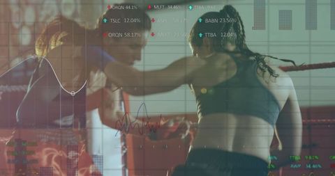Data Visualization Superimposed on Female Boxers in Gym