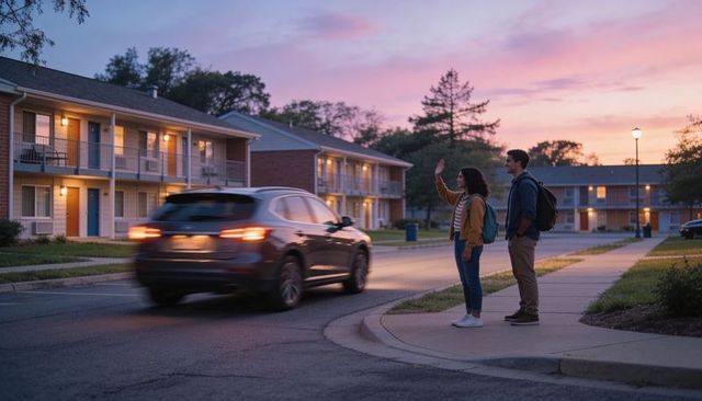 Students hailing ride at twilight outside campus apartments, suv passing on street