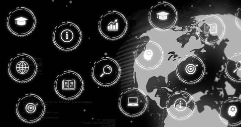 Digital Interface with Business Icons Overlaying Global Map - Download Free Stock Images Pikwizard.com