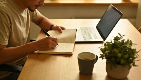 Bearded man writing in notebook at sunlit home desk with laptop, coffee, potted plant