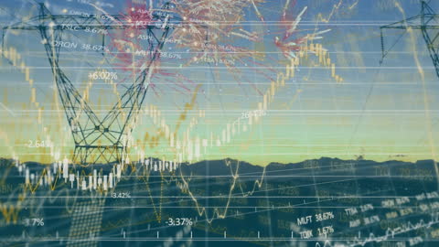 Abstract Overlay of Financial Data with Pylons and Fireworks
