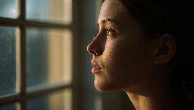 Contemplative young woman gazing through multi-pane window with warm golden side light