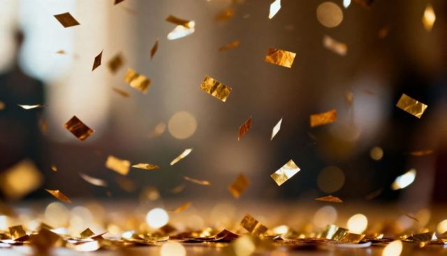 Golden confetti falling over reflective table, warm bokeh lights and gold shimmer celebration