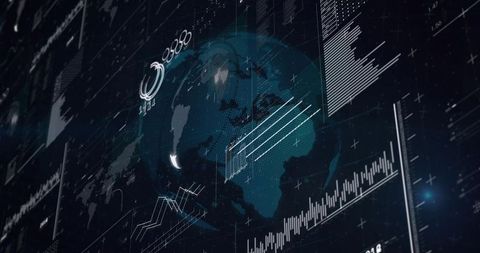 Rotating Digital Globe with Futuristic Data Analytics Overlay