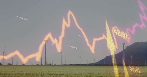 Wind turbines spinning over farmland with glowing stock market chart overlaying skyline