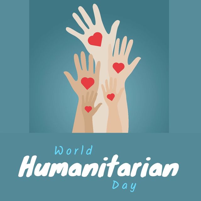 Illustration of cropped hands with heart shapes and world humanitarian day text on blue background. Love, copy space, vector, support, memorial, recognition, sacrifice and humanitarian concept.