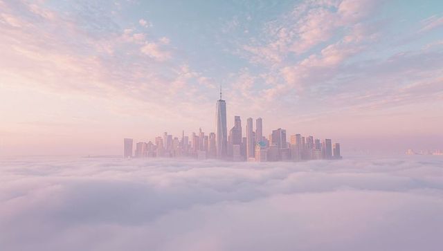 City Skyscrapers Emerge Above Majestic Clouds at Sunrise