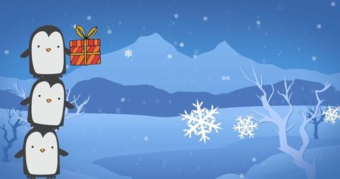 Playful Penguins and Gift in a Snowy Wonderland Winter Scene