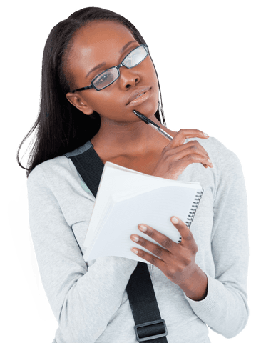 thoughtful woman with glasses holding notepad on transparent background - Download Free Stock Videos Pikwizard.com