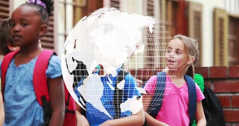 Elementary students walking with backpacks and global education globe overlay