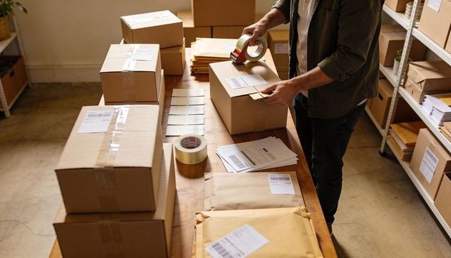 Ecommerce fulfillment worker sealing parcels on packing table in small warehouse with tape