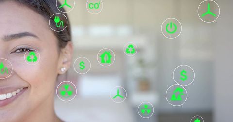 Smiling woman close-up with floating green sustainable icons representing eco home options