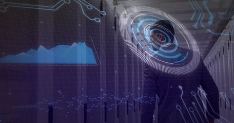 Businessman walking datacenter aisle with hud analytics overlay and cybersecurity visuals