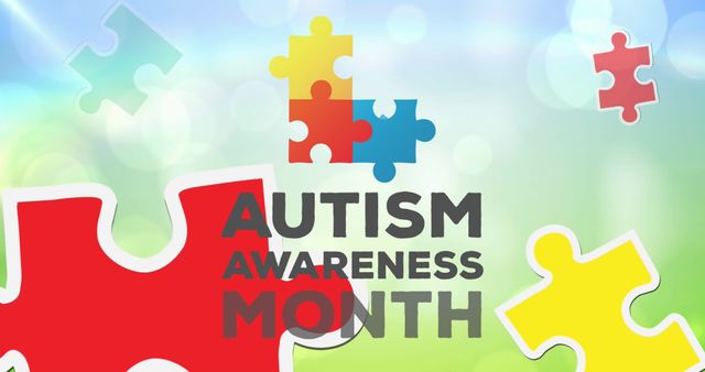 Image of autism awareness month text with puzzle pieces on green background. Autism awareness month and digital interface concept digitally generated image.