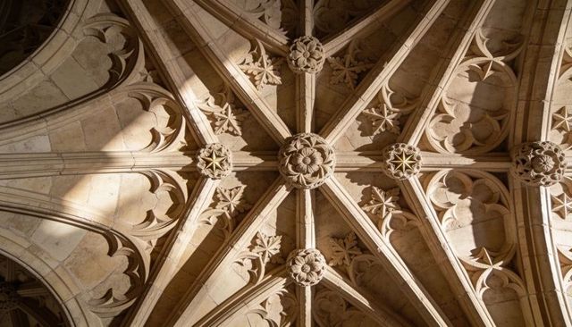 Gothic vault showcasing central carved boss with warm sunlight accenting rib tracery