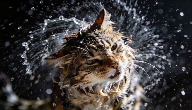 Tabby cat shaking off water with dramatic splash and flying droplets closeup