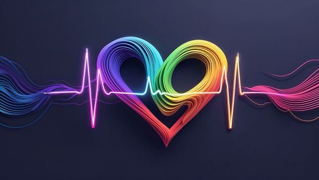 Vibrant Heartbeat with Rainbow Waves and Neon Effects on Dark Background
