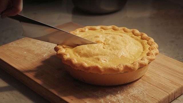 Cutting Golden Crust Pie on Wooden Board